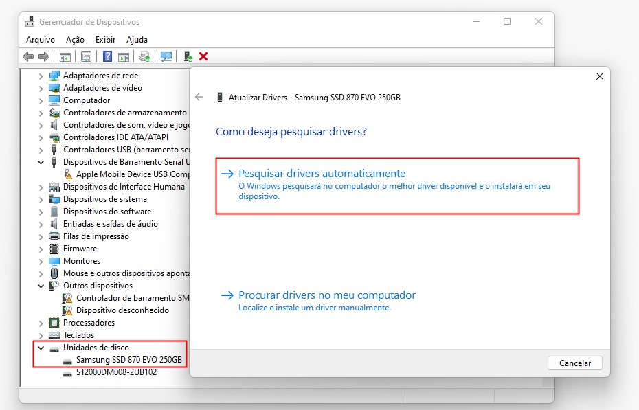 atualizar driver do cartão SD