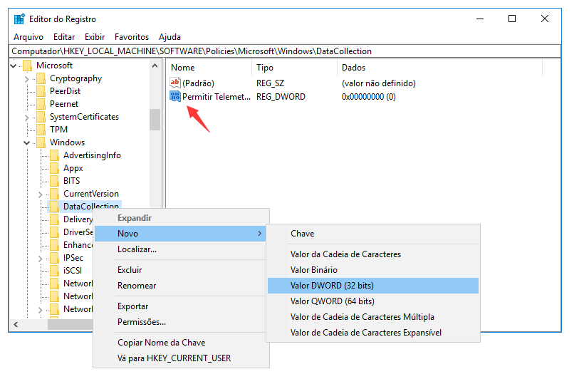 clique com o botão direito na ação de dados