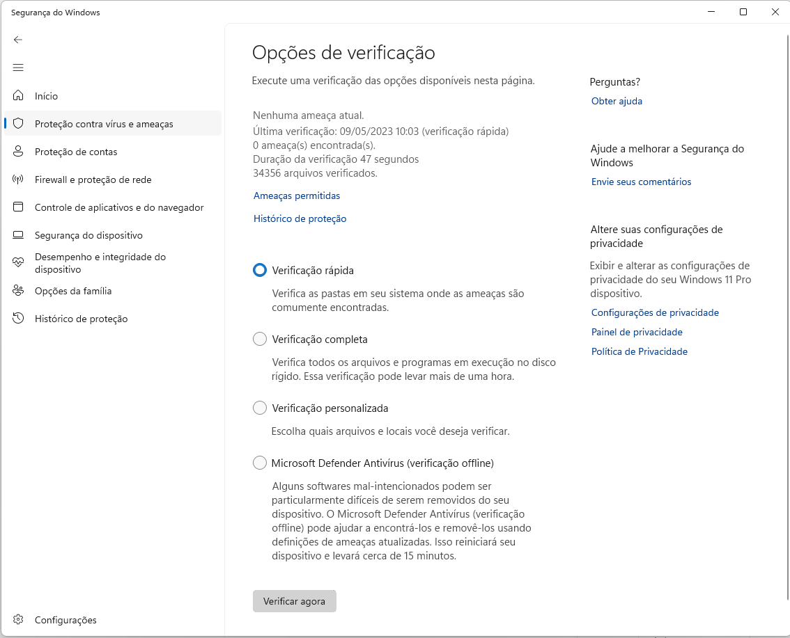 verificação de vírus win11