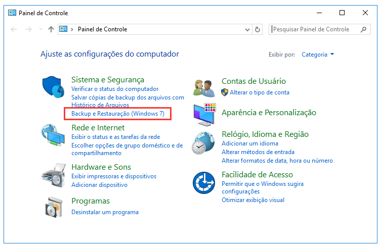 Encontre Backup e Restauração para recuperar arquivos