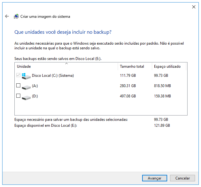 As unidades incluem na imagem de backup