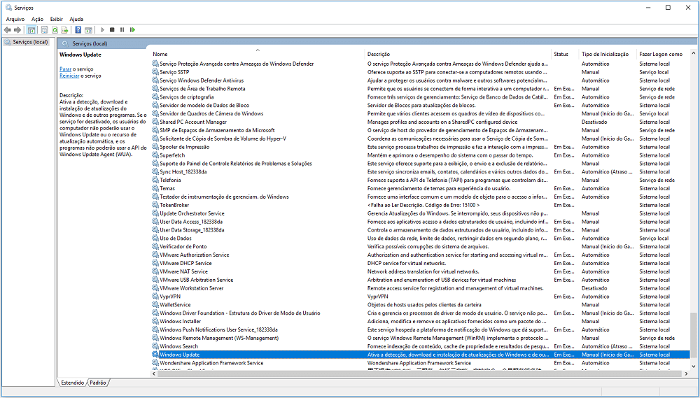 o serviço de atualização do windows 10 está em execução