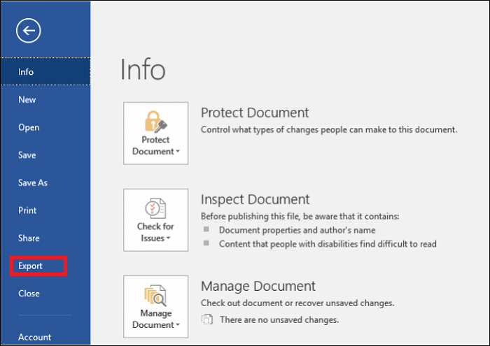 Exportação de Word 2016