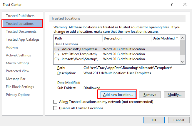 Adicionar novo local para o Word
