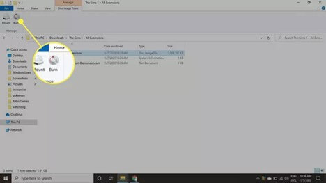 escolha o botão de gravação nas ferramentas de imagem de disco do explorador de arquivos