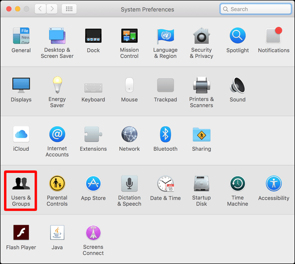 Abra as configurações de usuários e grupos