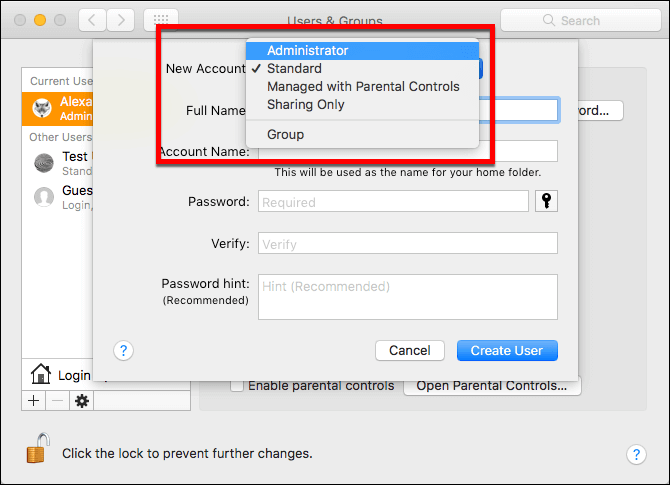 Escolha o tipo de conta de usuário