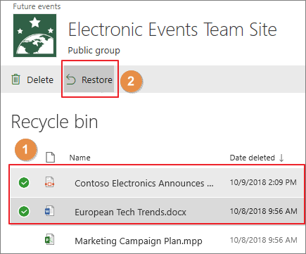 Selecione Documentar e Recuperar da Lixeira do SharePoint