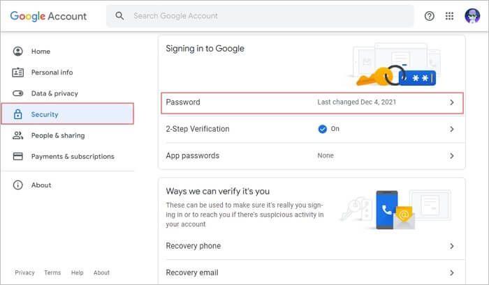 selecione a opção de senha