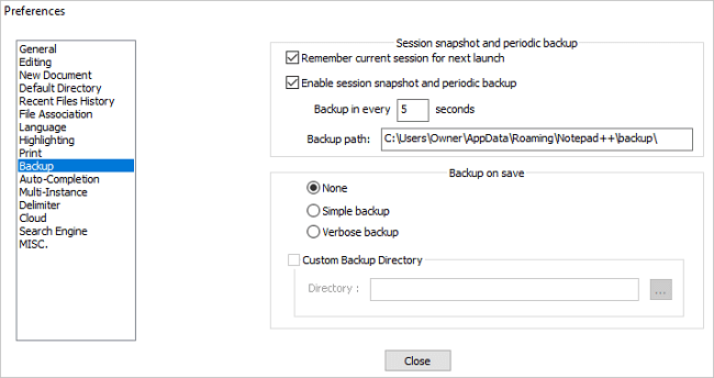 Encontre o caminho de backup do Notepad ++ não salvo perdido.