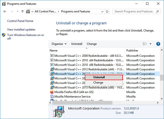 Reinstale as bibliotecas de tempo de execução