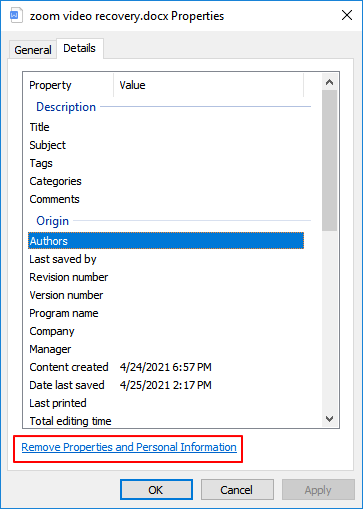 Remover propriedades e informações pessoais