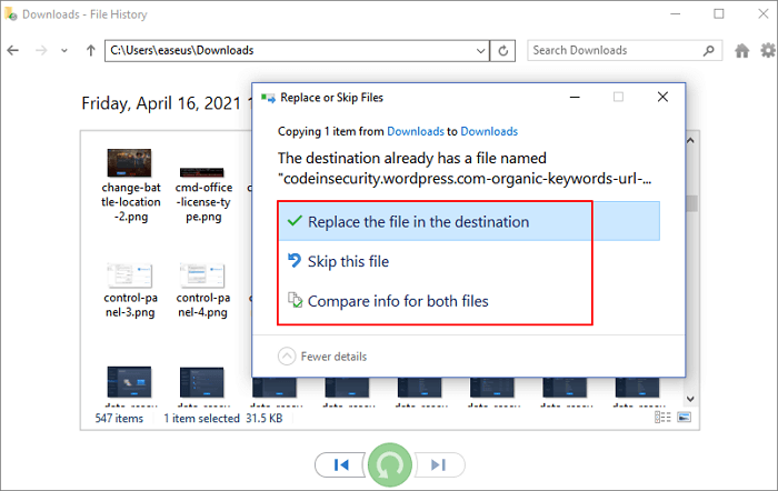 substituir ou pular arquivos