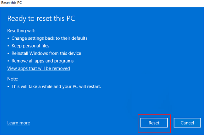 Confirme a redefinição de fábrica do Windows 11