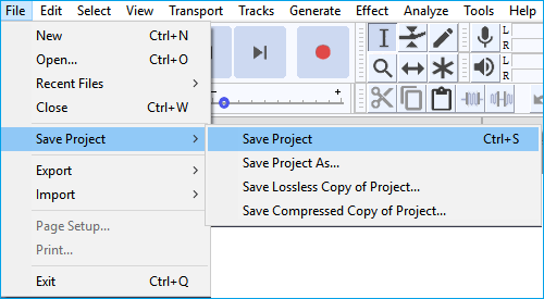Restaure o Audacity não salvo.