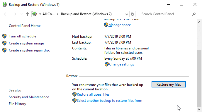 Restaurar arquivos do Backup do Windows.