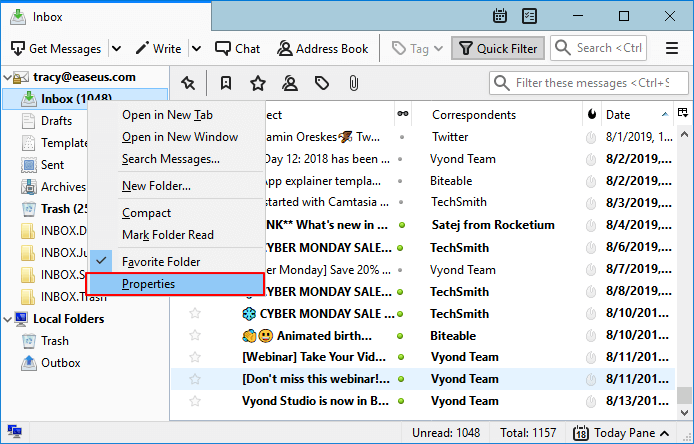 Repare a caixa de entrada para restaurar e-mails corrompidos do Thunderbird.