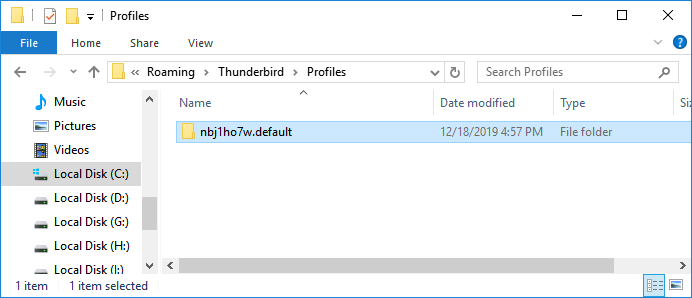 Encontre o perfil de e-mail do Thunderbird.