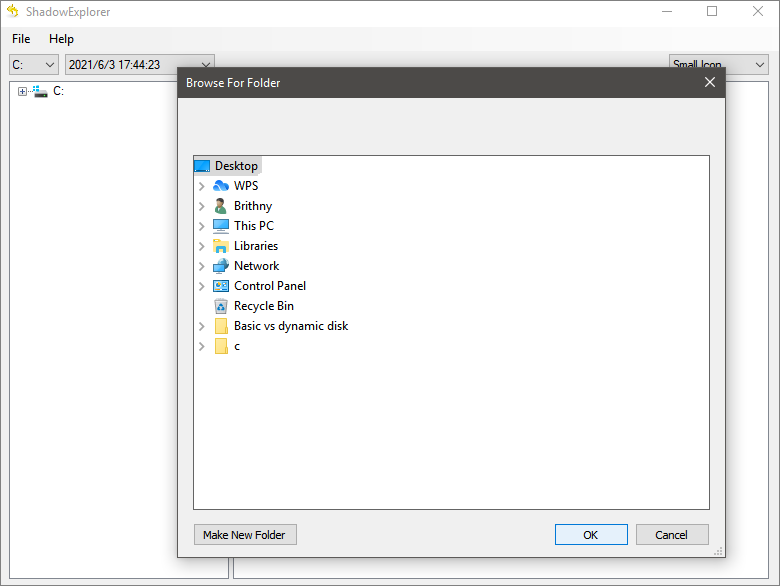 escolha o local para salvar os arquivos restaurados