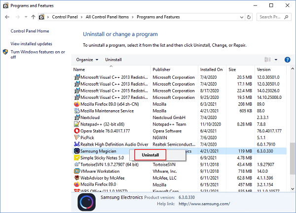 desinstalar samsung magician