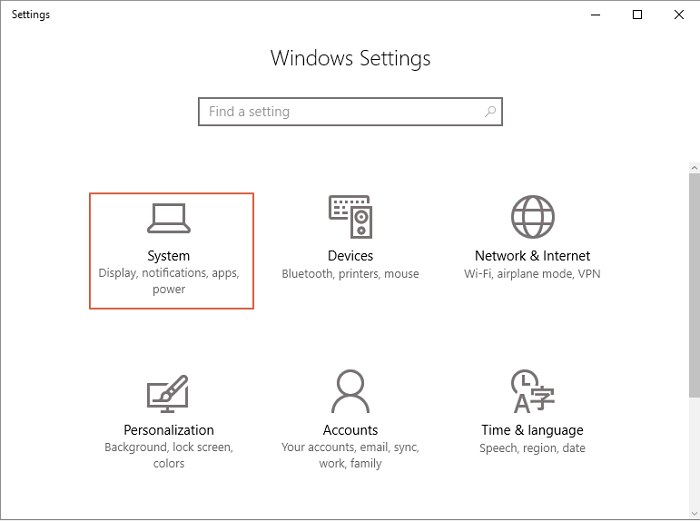sistema aberto nas configurações do windows 10