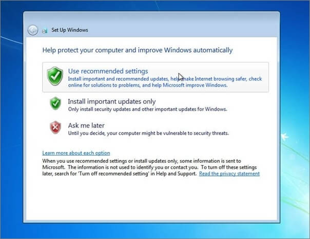 use as configurações recomendadas do Windows 7