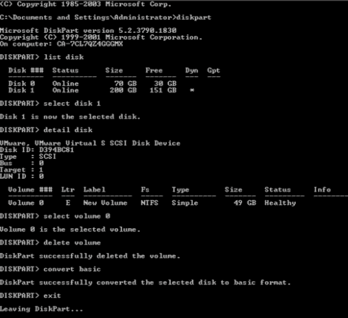 Altere dinâmico para disco básico com o comando diskpart.