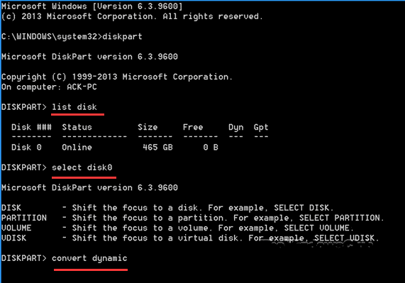 Converta básico em dinâmico com o comando diskpart.