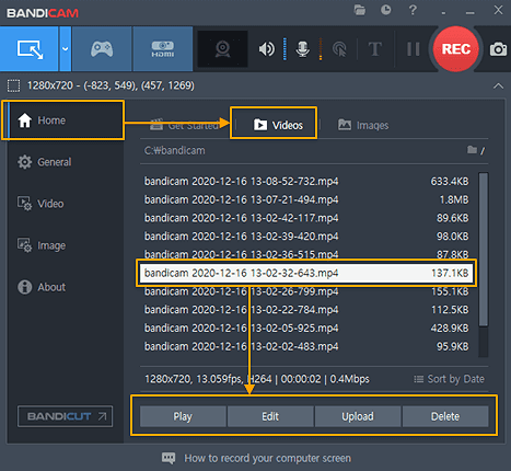 lista de gravações da bandicam