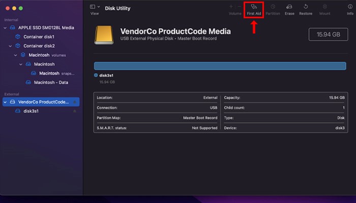Use o First Aid para consertar sua unidade de backup