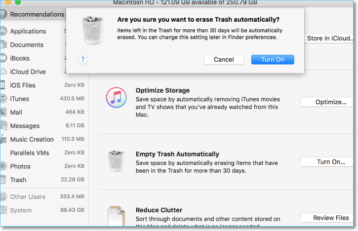 Clique em Ativar para esvaziar a lixeira automaticamente