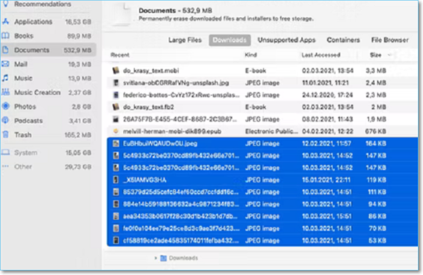 Explore todas as categorias para selecionar e excluir arquivos