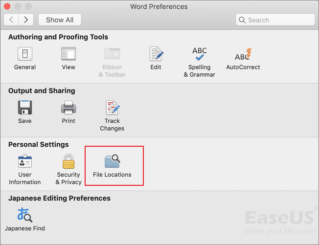 selecione os locais dos arquivos do mac word