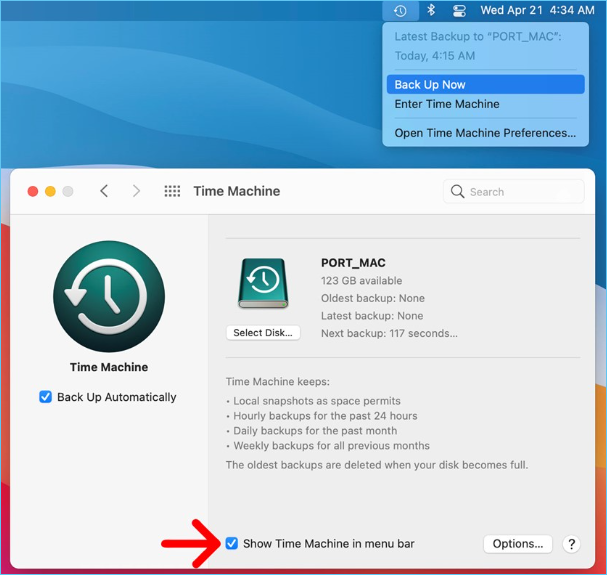 marque a opção de fazer backup automaticamente e mostre o Time Machine na barra de menus