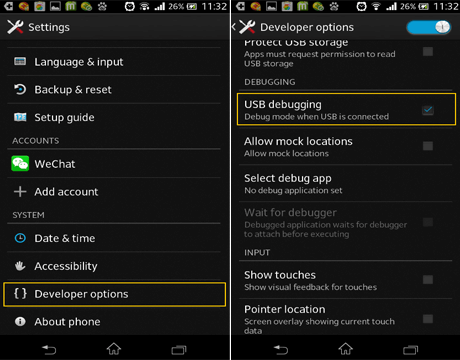 habilite a depuração USB no Android 3.0 a 4.1.