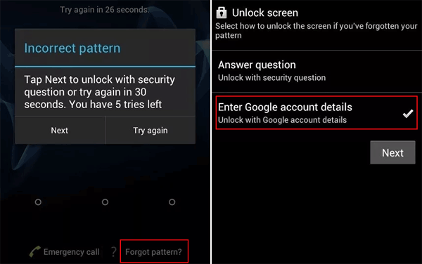 Desbloqueie o Android por meio do recurso Esqueceu o padrão