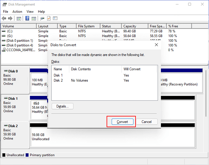 Confirme para converter dois discos em dinâmico