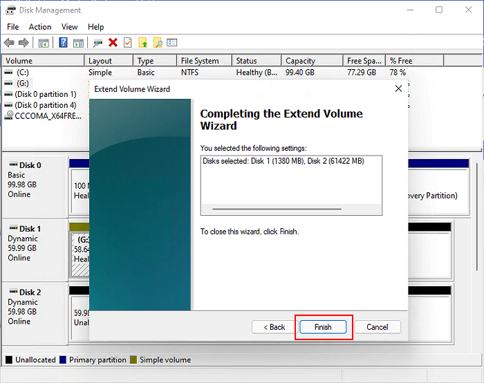 Conclua a extensão da partição com espaço não alocado em uma segunda unidade