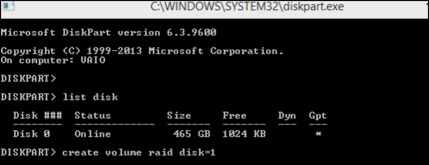 diskpart criar volume de raid