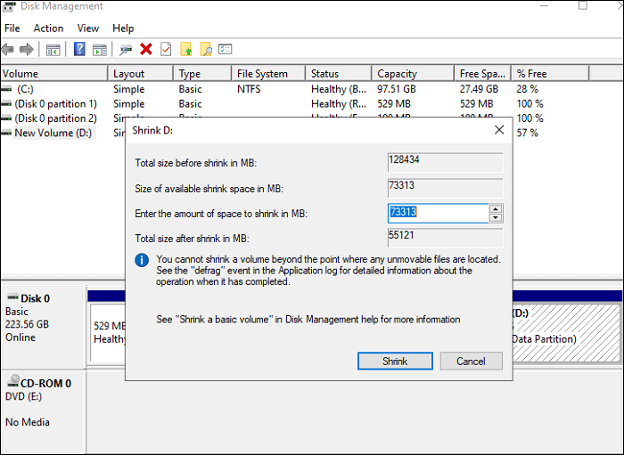 digite a quantidade de espaço para encolher