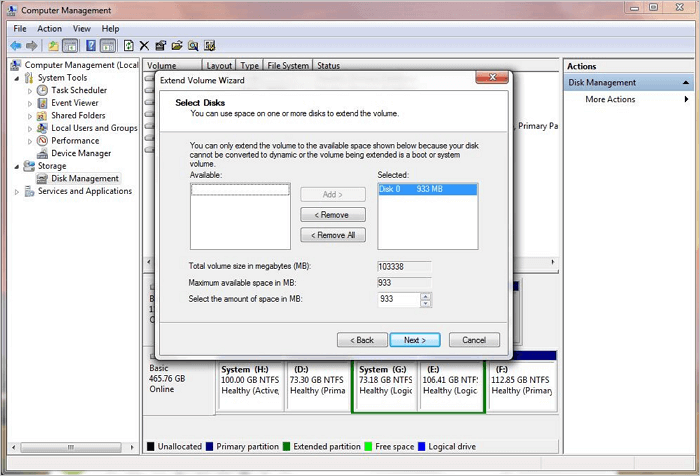 Estenda a partição do Windows 7 com Disk Managenent.