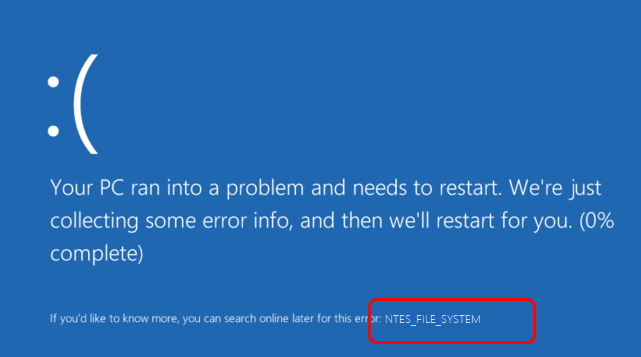 Imagem do erro NTFS BSOD