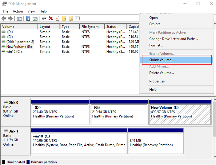 selecione o volume de redução no Gerenciamento de disco