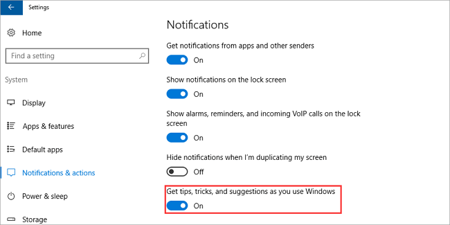 desligue as dicas do Windows para acelerar o Windows 10