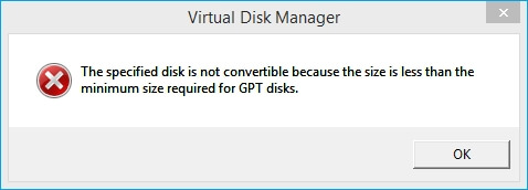 O disco especificado não é uma imagem de erro conversível