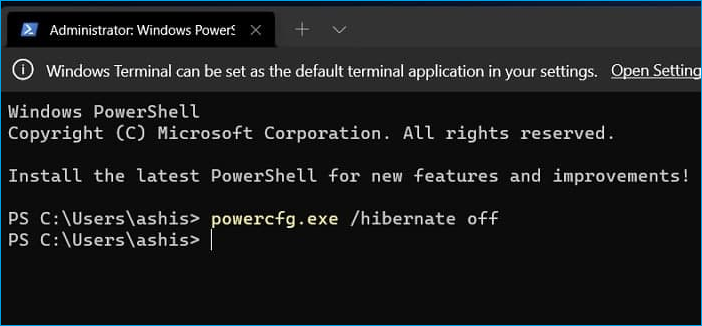 Desligue a hibernação para economizar espaço.