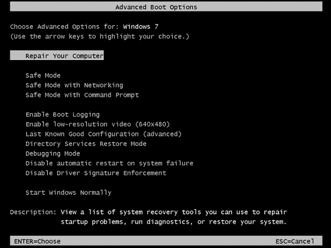 pressione F8 para entrar nas opções de reparo do Windows 7