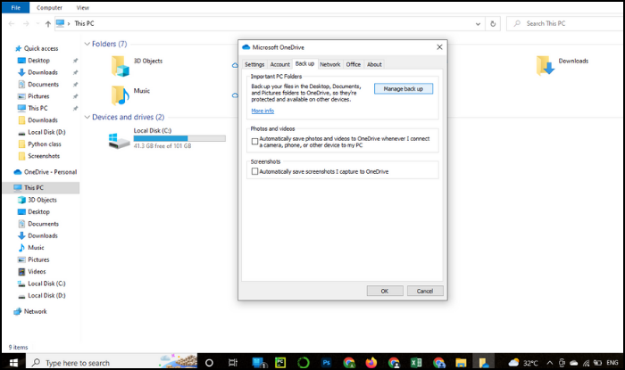 backup de arquivos da unidade c para o OneDrive - Passo 2
