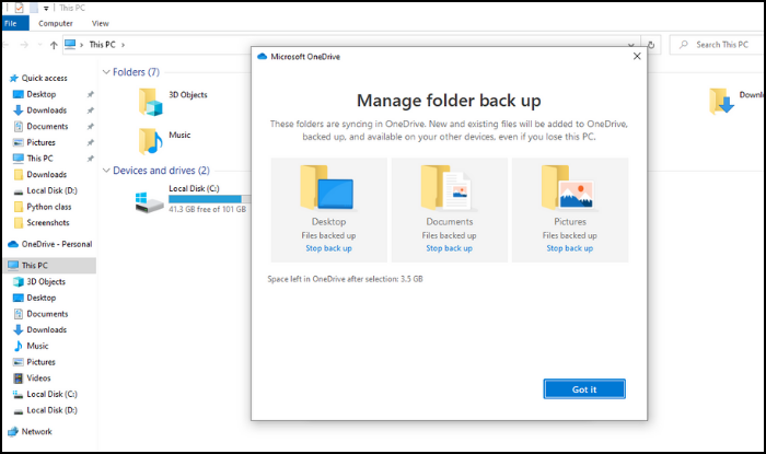 backup de arquivos da unidade c para o OneDrive - Passo 3