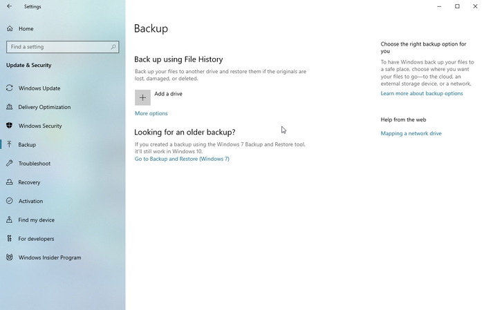 Histórico de arquivos de backup no Windows